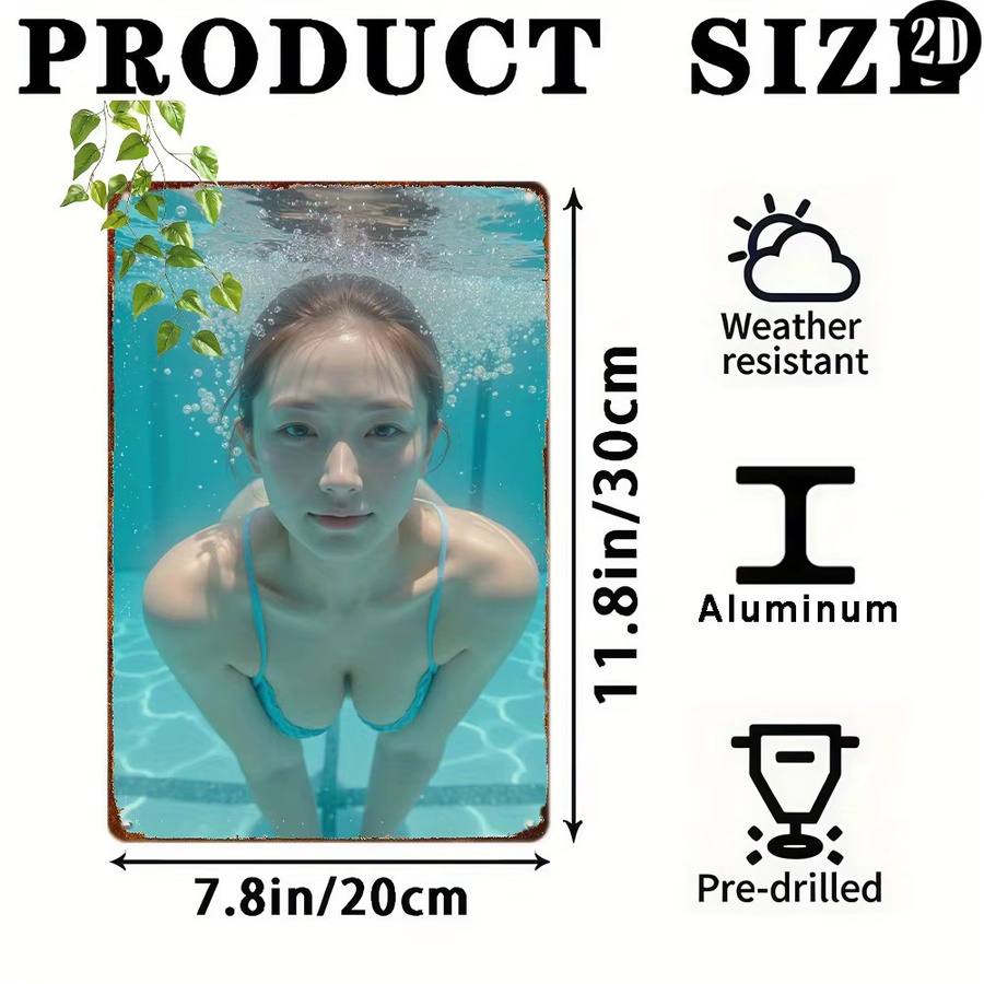 HELLOYOUNG Vintage Metall Wandschild Mädchen im Bikini Unterwasser Motiv in Blau, Rechteckiges Aluminium Wandbild B: 30,0 cm, H: 20,0 cm - Bild 3