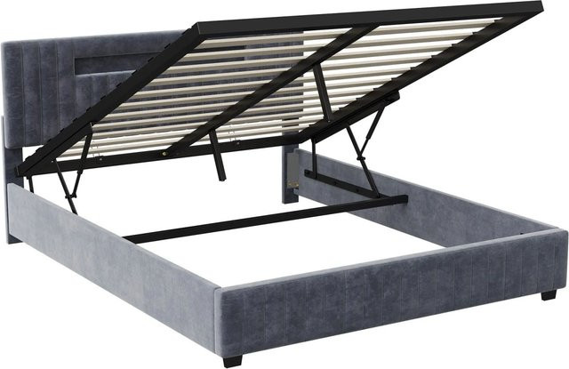 PXloue Hydraulisches Stauraumbett mit LED-Beleuchtung aus Samt in Grau, B/T/H: 140 x 200 x 105 cm - Bild 1
