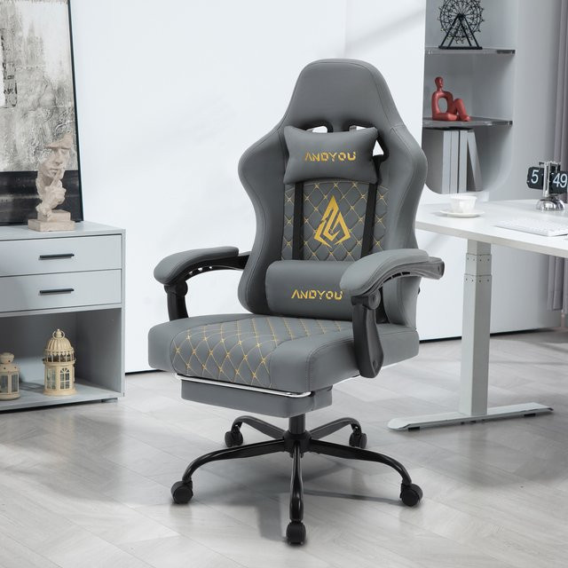 ANDYOU Ergonomischer Gaming Chair im Racing-Style aus PU-Leder, Grau, mit Kopfstütze und Armlehnen - Bild 1
