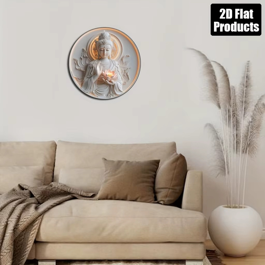 Potdemiel Runde Aluminium-Wandkunst Buddha mit Lotusblüten-Design in Weiß, Vintage Dekor, Durchmesser: 20,32 cm - Bild 3