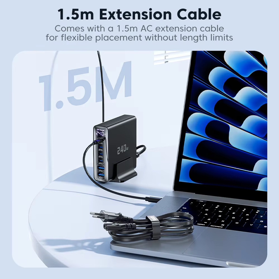 Toocki 240 W GaN Desktop-Ladegerät mit Digitalanzeige, PD3.1 140 W und PPS, USB-C Schnellladegerät für Laptop und Smartphone, Schwarz - Bild 5