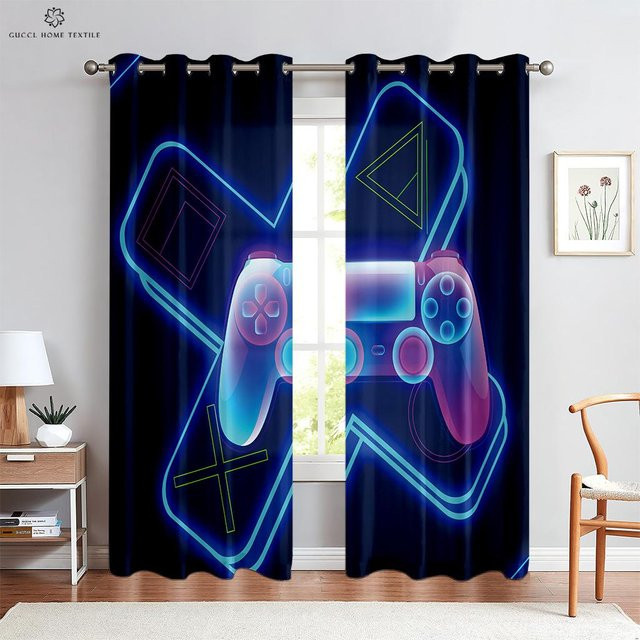 E-Sport Zimmer Vorhänge mit Gaming-Print, Blau, B: 50 cm, H: 130 cm, 2er-Set - Bild 1