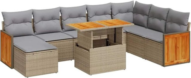 vidaXL 9-teilige Garten-Sofagarnitur aus Poly-Rattan und Akazienholz in Beige-grau mit Kissen - Bild 1