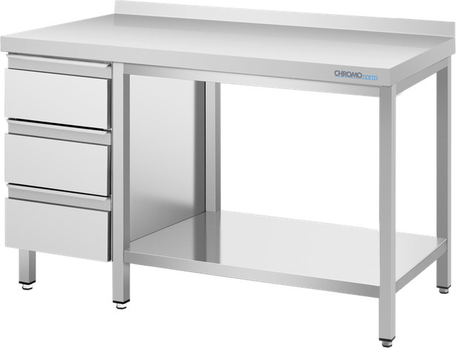 CHROMOnorm Arbeitstisch aus Edelstahl mit Zwischenboden, Schubladenblock links und aufgesetzter Tischplatte hinten, grau, B: 180 cm, H: 70 cm, T: 90 cm - Bild 1