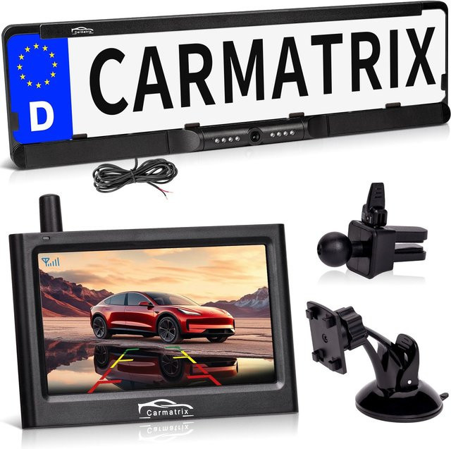 CARMATRIX Funk Rückfahrkamera Digital im Nummernschildhalter mit 4,3 Zoll Monitor und Nachtsicht LEDs in Schwarz - Bild 1