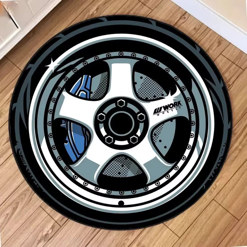 VIKAMA Rundteppich mit Auto-Naben-Design, rutschfest, modern und abstrakt, Farbe: Schwarz, Durchmesser: 60 cm - Bild 1