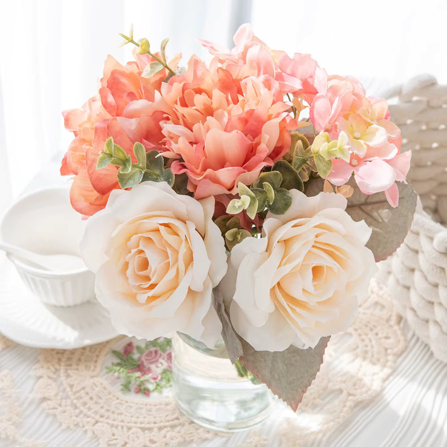Künstliche Blumen Kombination aus Seiden-Pfingstrosen und Rosen in Orange und Multicolour für deine Tischdekoration, Hochzeitsfloristik und DIY-Geschenke - Bild 1