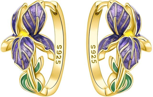 Creolen 925 Silber, Lila Blumen, Damen - Bild 1