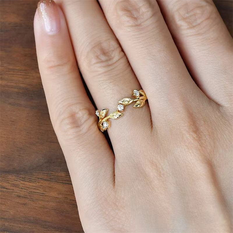 Huitan Ring, Gold Farbe, Blatt, Kristall, Zirkonia, Damen - Bild 2