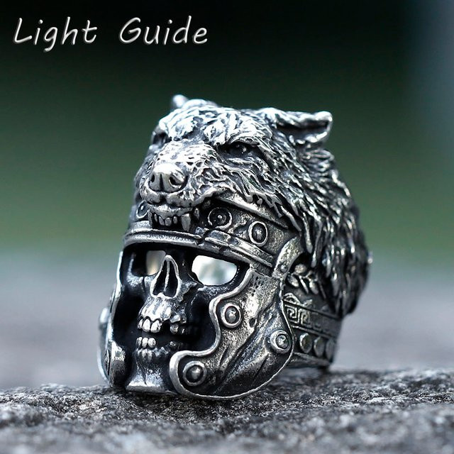 Herrenring Edelstahl, Vintage, Wolf- und Totenkopf-Wikingerring, Silber - Bild 1
