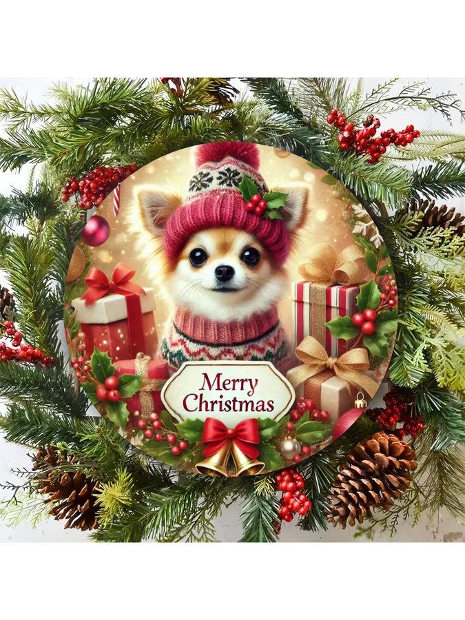 Potdemiel Weihnachts-Chihuahua Wanddekoration aus Aluminium, Vintage Rundplatte, Durchmesser: 20,3 cm, Multicolor - Bild 6