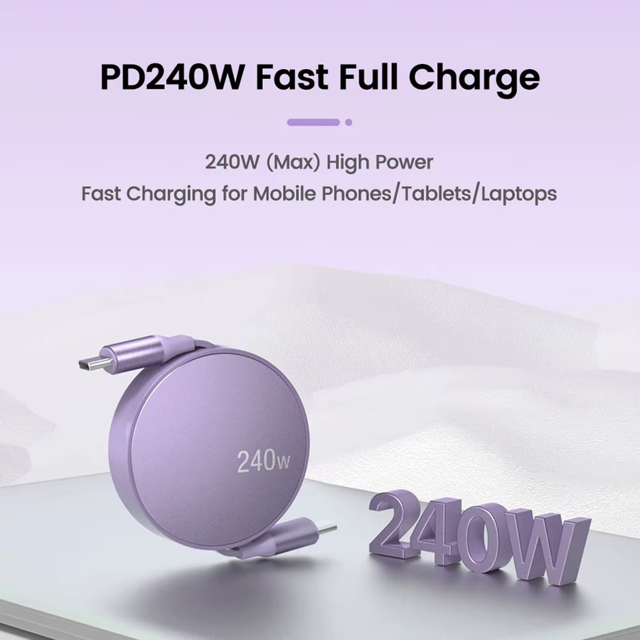 PD 240 W USB-C auf USB-C Schnellladekabel mit einziehbarem Dual-Kopf für Laptops und Mobiltelefone, kompatibel mit Samsung, Schwarz und Lila - Bild 1