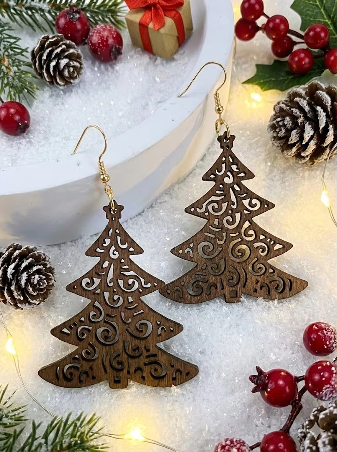 YULUCH Ohrhänger-Set 4-teilig, Holz, Weihnachtsbaumform, Damen, Vintage - Bild 4