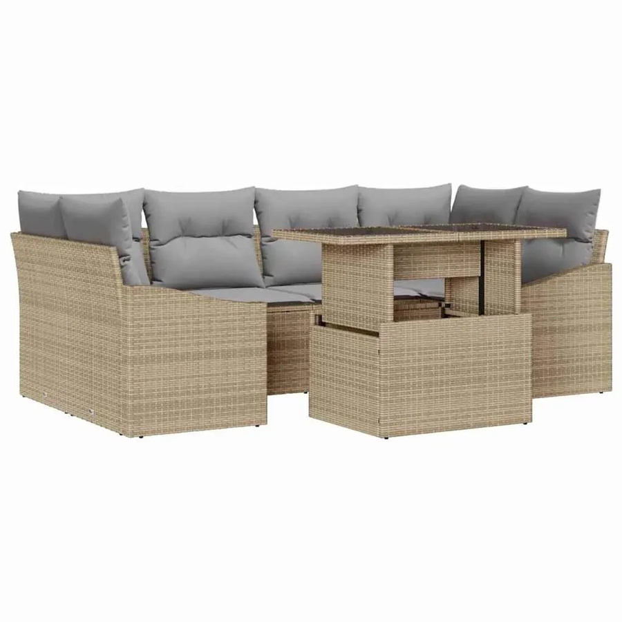 7-tlg. vidaXL Garten-Sofa-Set aus Poly Rattan in Beige mit Polstern und integriertem Stauraum - Bild 2