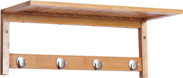 HOMCOM Wandgarderobe mit 4 Haken und Ablage in Naturholz, platzsparende Wandmontage für Flur und Schlafzimmer, B: 50 cm, T: 16 cm, H: 17,5 cm - Bild 1