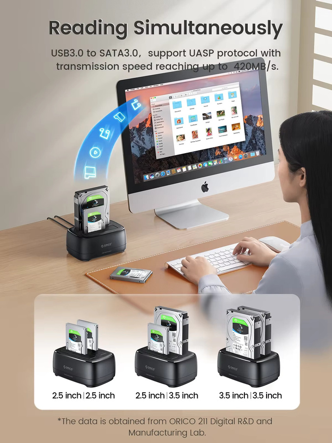 ORICO Dual-Bay Festplatten-Dockingstation USB 3.0 Typ C für 2,5 und 3,5 Zoll HDD/SSD, Schwarz, unterstützt UASP und werkzeuglose Bedienung - Bild 5
