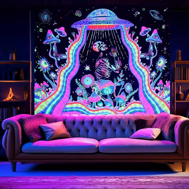 VIKAMA Psychedelisches Gebetstuch mit kosmischem UFO-Skelett und Sternen-Design, Mehrfarbig, B/H: 60 x 40 cm - Bild 1