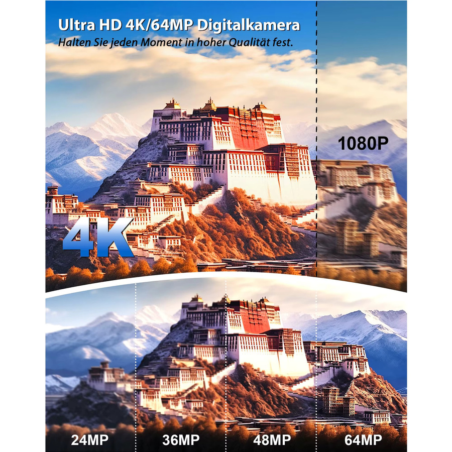 DEMANN GMBH Digitalkamera 4K mit 64 Megapixel, 12-fachem optischem Zoom und optischer Bildstabilisierung, kompakte weiße WLAN Vlog Kamera für Foto und Video inklusive 2 Akkus und 64GB TF-Karte - Bild 3