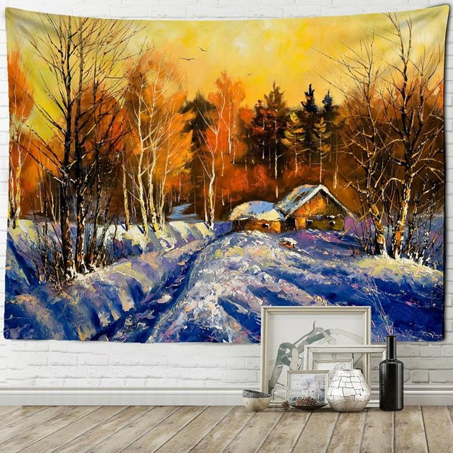 Wandteppich Weihnachtsbaum Schnee Szene im Boho-Stil, Ölgemälde-Reproduktion in Braun und Multicolour, B: 95 cm, H: 70 cm - Bild 1