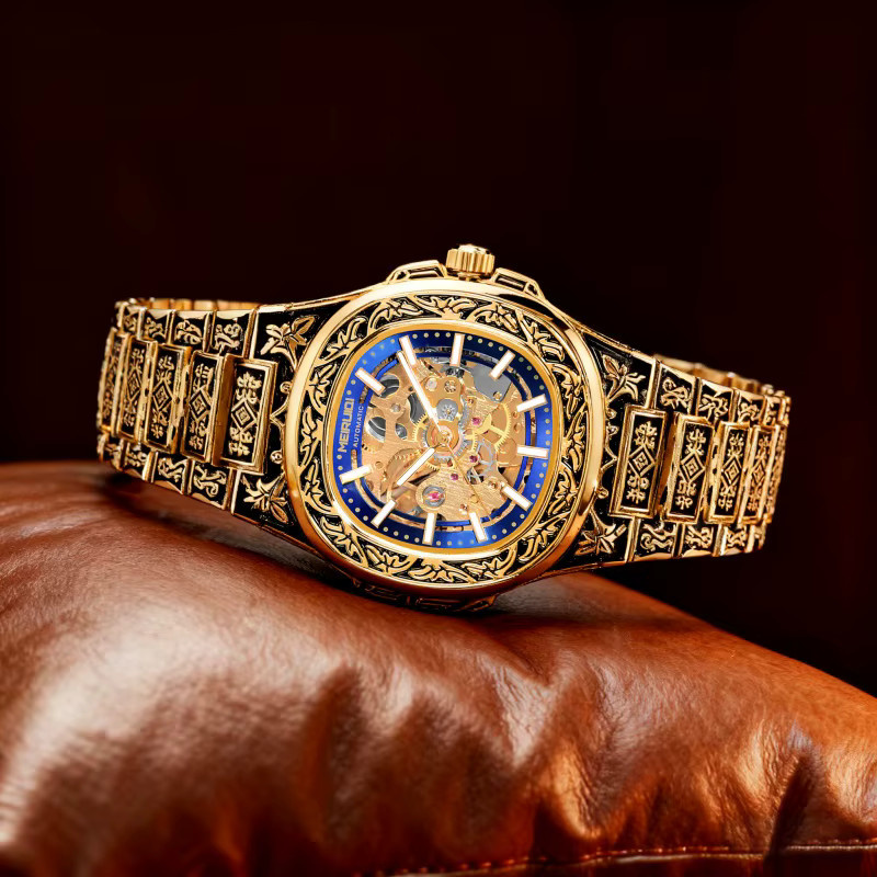 MEIRUIQI Armbanduhr Edelstahl, Gold, Blau, Automatik, Herren, Vintage - Bild 3