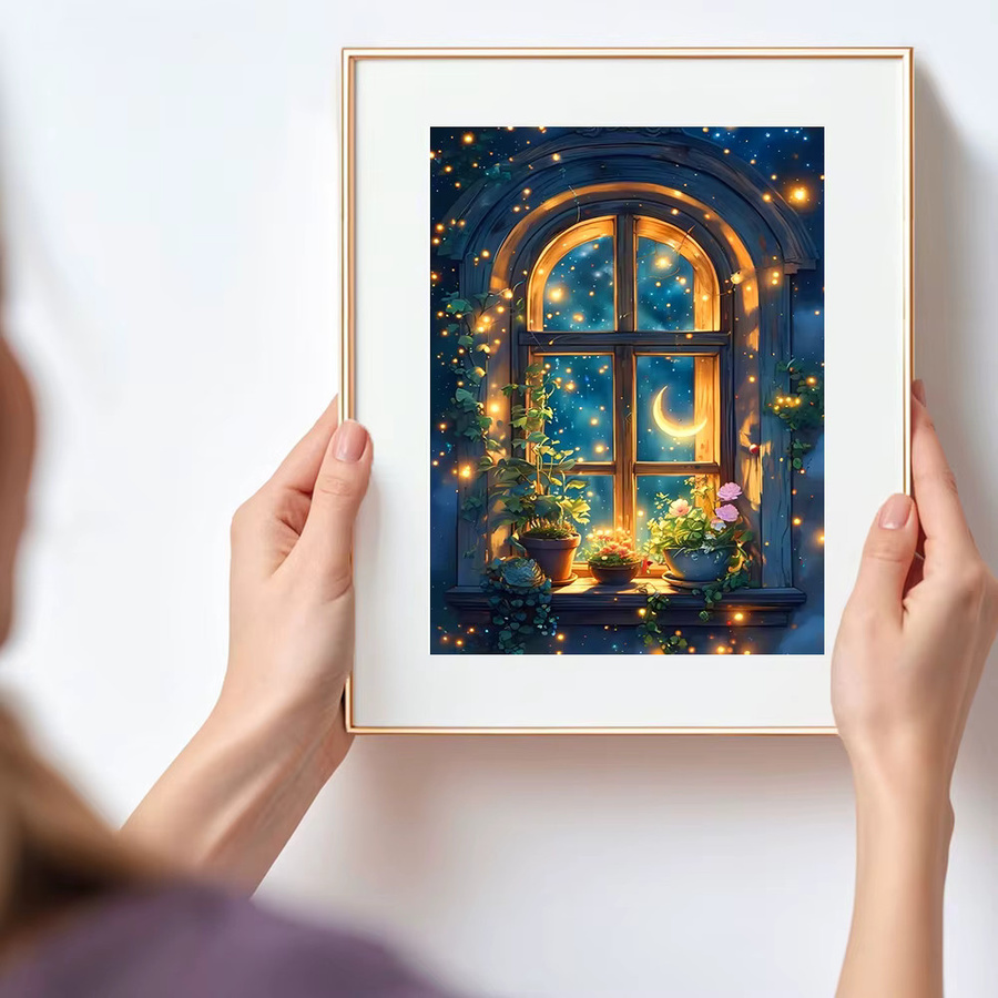 Huacan 5D-Diamantgemälde zum Selbermachen mit Mond, Fenster und Blumen in Multicolour, B/H: 30 x 20 cm - Bild 3