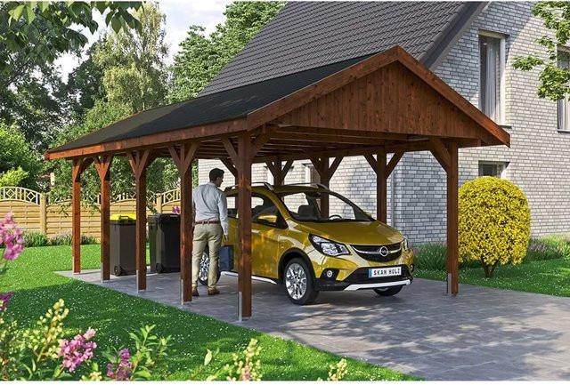 Satteldach-Carport Wallgau von SKANHOLZ in Nussbaum mit schwarzen Schindeln, B/T: 430 x 750 cm, Höhe: 326 cm - Bild 1