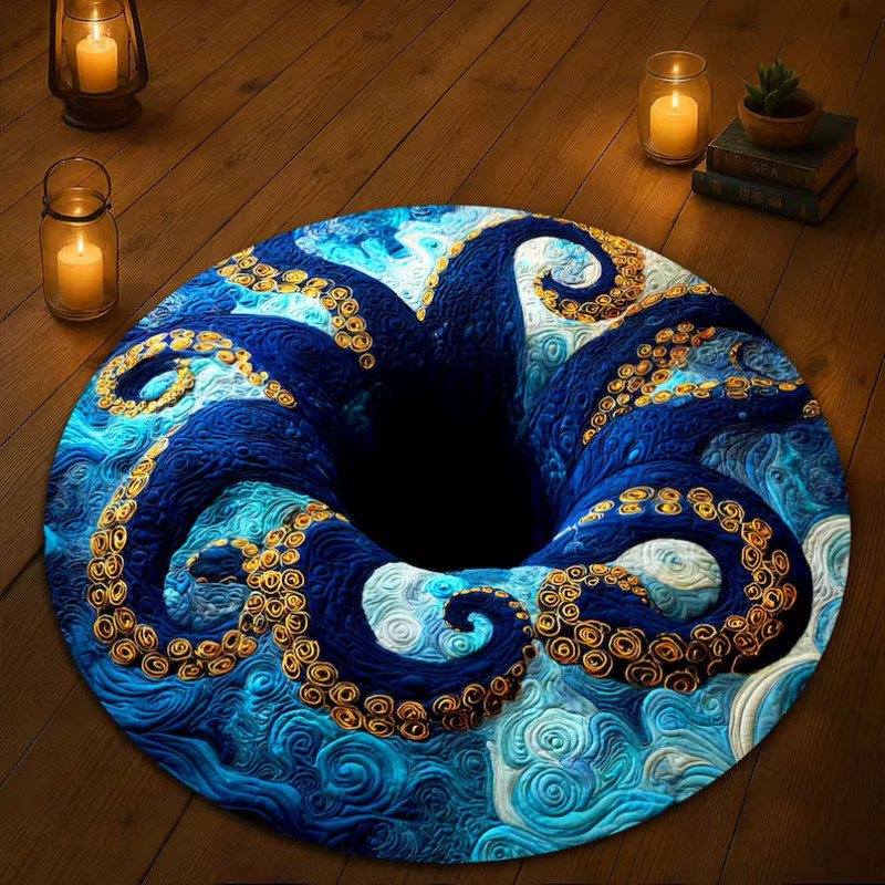 Deep Sea Kraken Illusion Teppich in Blau und Gold mit Ozeanabgrund-Motiv als runder Teppich - Bild 2