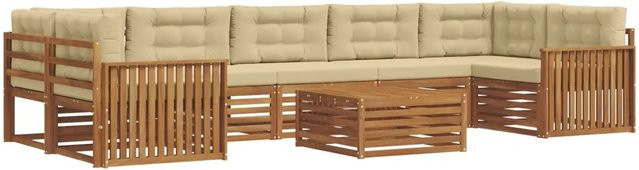 vidaXL Outdoor-Sofagarnitur L-Form aus massivem Akazienholz mit Kissen, 8-teilig, Natur und Beige - Bild 1