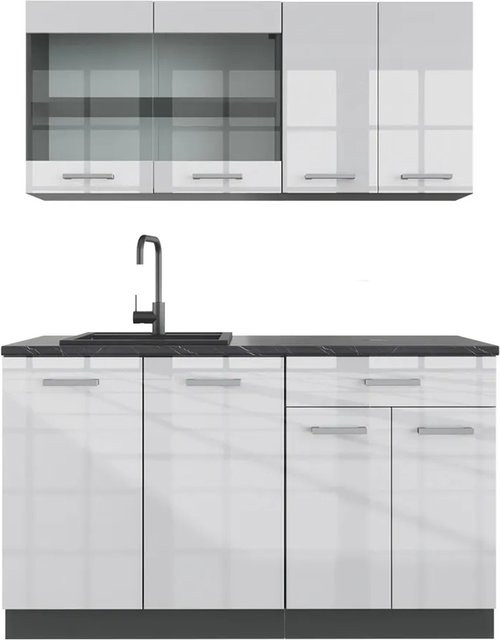 Vicco R-Line Singleküche Weiß Hochglanz und Anthrazit, Breite: 140 cm - Bild 1