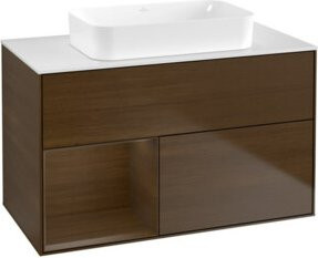 V&B Waschtischunterschrank Finion Wandbeleuchtung mit Regalfach rechts, Farbe Walnuss Veneer, Breite: 100 cm, Tiefe: 60,3 cm - Bild 1