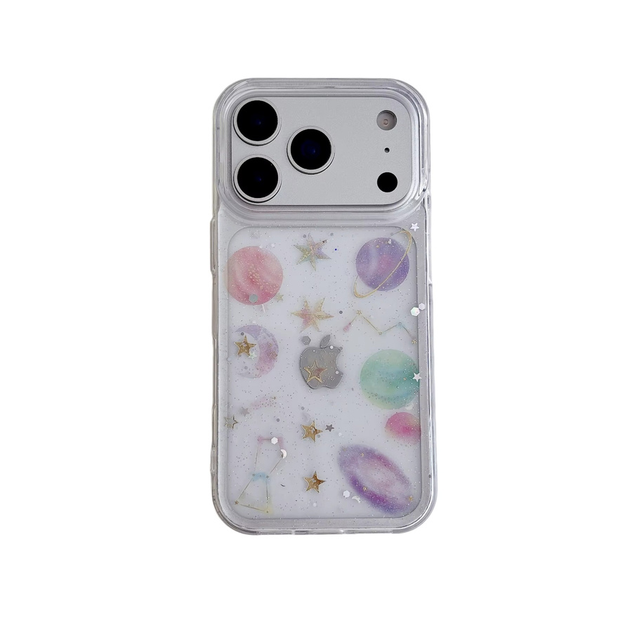 Transparente iPhone Hülle mit Glitzer-Farbverlauf und Planeten-Stern-Design in Pink, stoßfeste Schutzhülle für Apple iPhone 17 bis 11 Pro Max Plus - Bild 2