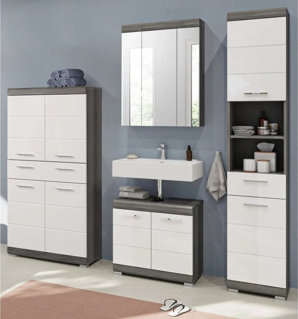 Inn.Furn Badmöbel-Set Shawn in Weiß Hochglanz und Grau, 4-teilig mit LED-Beleuchtung - Bild 1