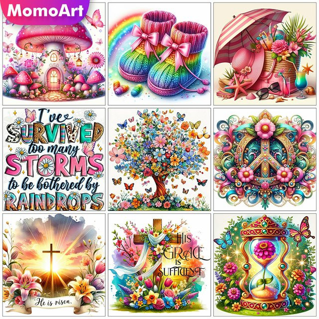 Momoart Diamant-Malerei Landschaft mit Schmetterling und Pilzen als Mosaik-Stickerei in Multicolour, B/T/H: 20 x 20 x 20 cm - Bild 1