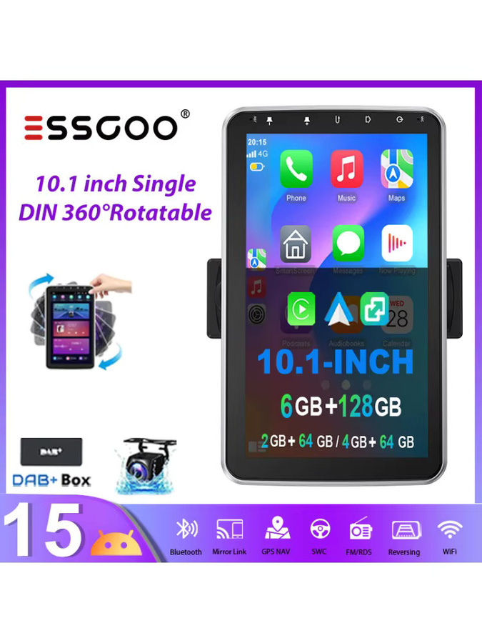 ESSGOO Universal Autoradio mit Android 15, 10.1 Zoll Touchscreen, 64 GB Speicher, 360 Grad drehbar, Wireless CarPlay, Android Auto, GPS, WiFi, Bluetooth und FM, Schwarz - Bild 7