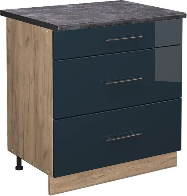 Vicco Küchenunterschrank Fame-Line in Dunkelblau Hochglanz und Eiche mit 3 Schubladen und Arbeitsplatte in Anthrazit, Breite: 80 cm - Bild 1