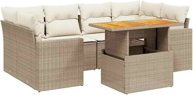 vidaXL 7-teilige Garten-Sofagarnitur in L-Form aus Poly-Rattan und Akazienholz mit Kissen in Beige-Creme - Bild 1