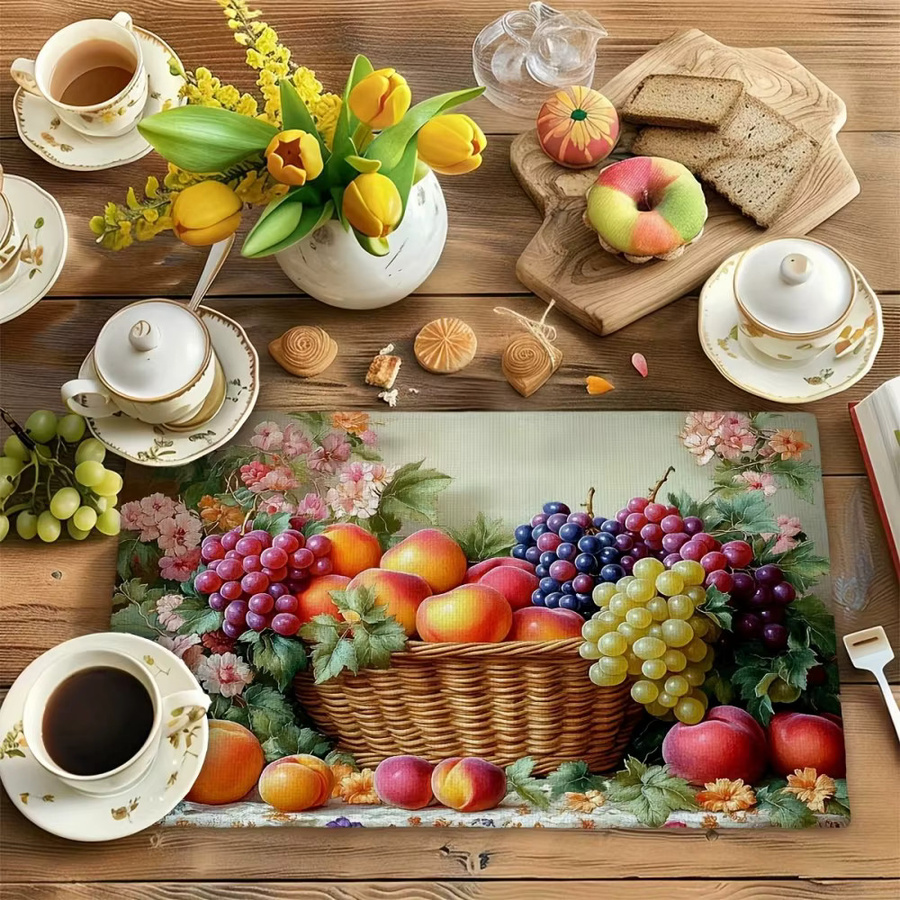 VIKAMA 4-teiliges Tischset mit Retro-Obstkorbmuster und floralem Design, rutschfest, mehrfarbig, rechteckig, B/T: 40,0 x 30,0 cm - Bild 5