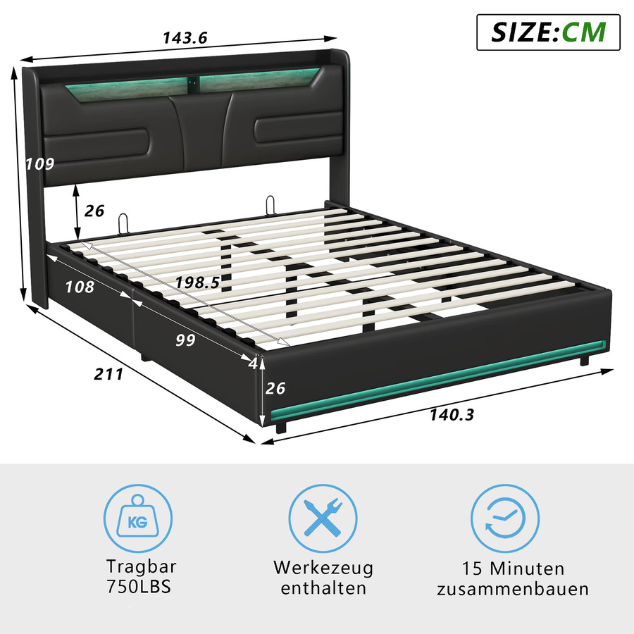 Rosahqnda Gepolstertes Doppelbett in Schwarz mit Stauraum und Kopfteil, B/T: 140 x 200 cm - Bild 3