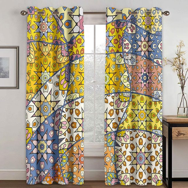 2er-Set 3D Vorhänge mit blauem Cartoon Blumenmuster und goldenem Geparden-Design für Wohnzimmer, Küche oder Schlafzimmer, Farbe: Blau/Gold/Mehrfarbig, Breite: 50 cm, Höhe: 130 cm pro Paneel - Bild 1