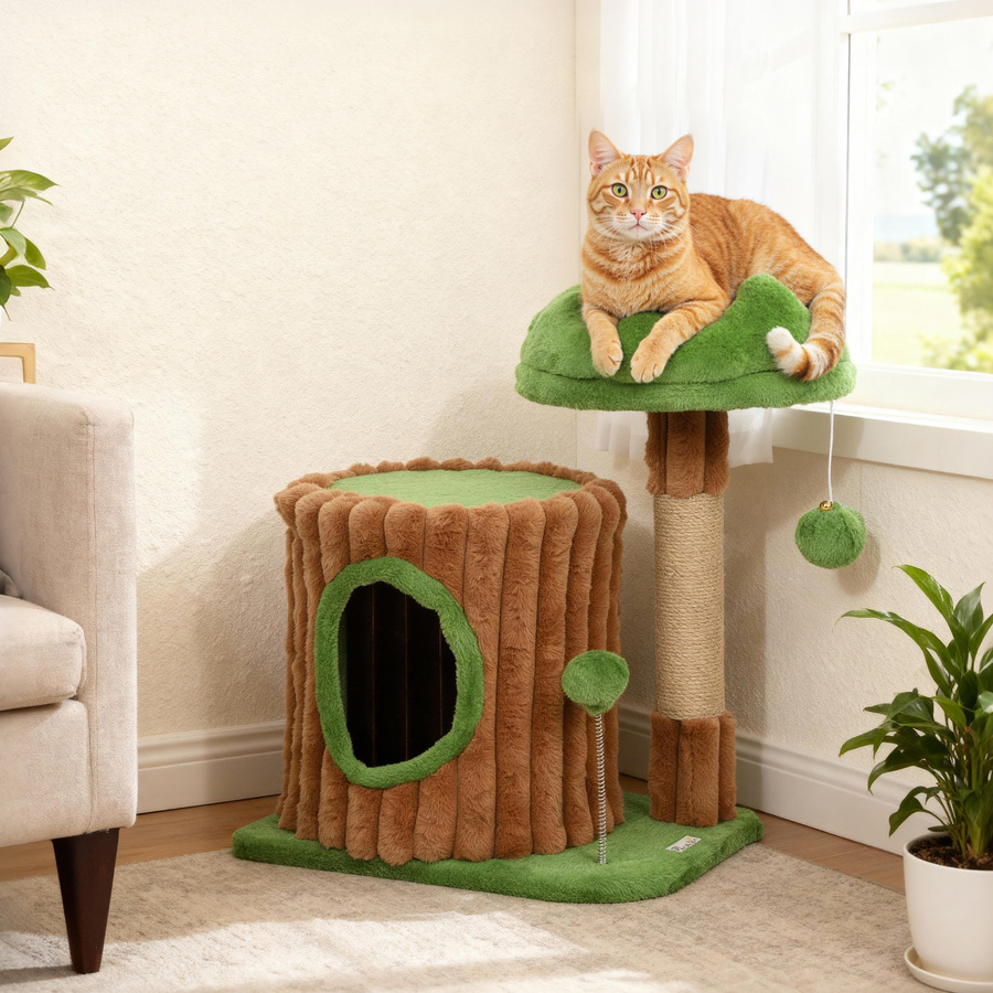 PawHut Kratzbaum im Baumstamm-Design mit Höhle und Spielbällen, Plüsch und Jute, Farbe: Braun-Grün, Höhe: 53 cm - Bild 2
