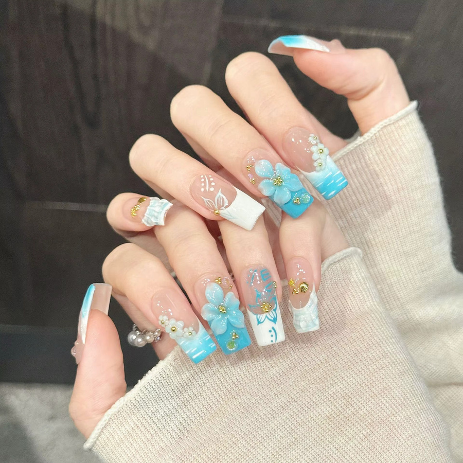 YADORNOS Press-On Nägel, Ozeanblau, 3D-Blumen, Goldperlen, Glänzend - Bild 2