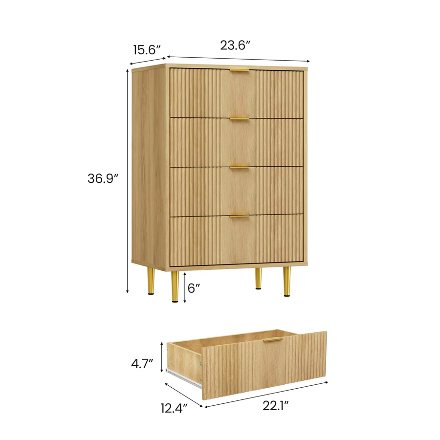 Garvee Kommode mit 4 Schubladen in natürlicher Eiche, moderne geriffelte Holzkommode für Schlafzimmer, Wohnzimmer oder Flur, Höhe: 93,7 cm - Bild 2