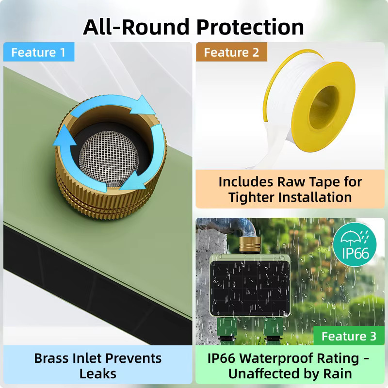 EZAIOT WLAN Smart Solar Bewässerungstimer mit 2 Steckdosen und Durchflussmesser in Grün für die intelligente Gartenbewässerung via Tuya App - Bild 5