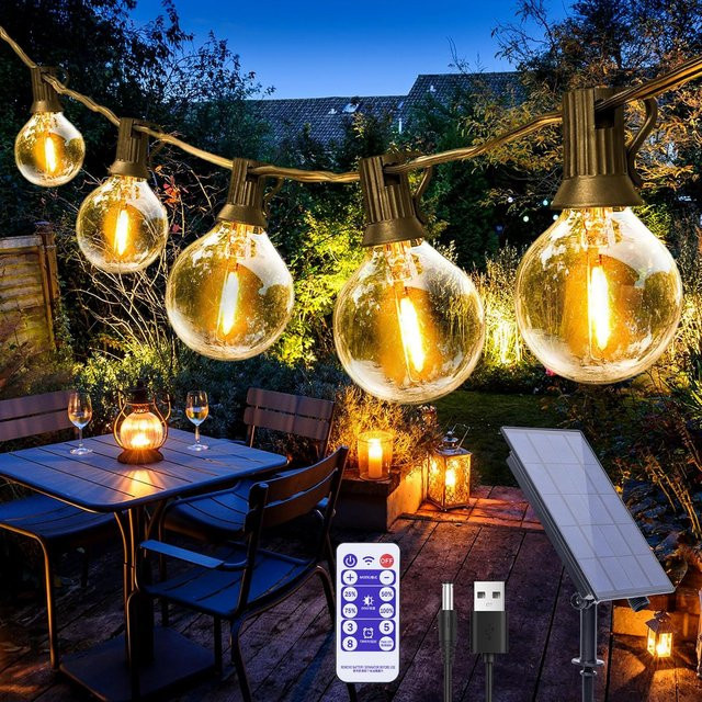 Solar-Lichterkette für den Außenbereich mit G40 LED-Glühbirnen in Vintage-Optik, wetterfeste Terrassenbeleuchtung aus transparentem Kunststoff - Bild 1