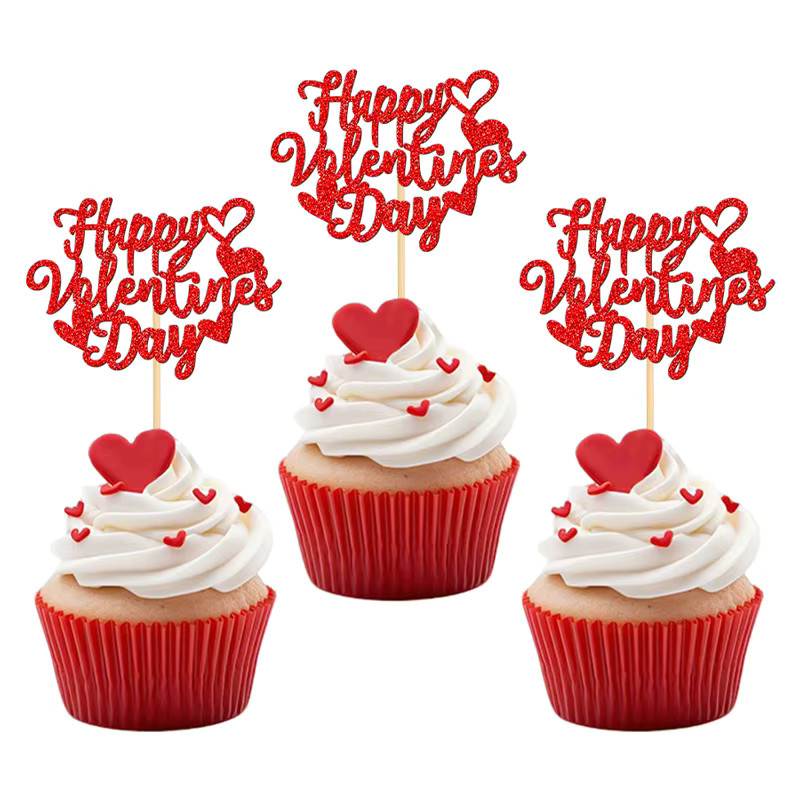 YOMDID 24 Stück Cupcake-Topper zum Valentinstag in Rot mit Herz-Design aus Kunststoff - Bild 2