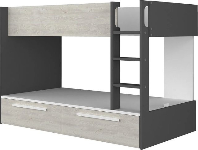 Etagenbett Tinoli für Kinder in Anthrazitgrau und Naturfarben mit Schubladen, Höhe: 205,6 cm, Breite: 90 cm, Tiefe: 200 cm - Bild 1