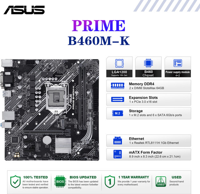 Asus PRIME B460M-K Motherboard Intel Sockel LGA1200 mATX Chipsatz B460 DDR4 Schwarz - Bild 1