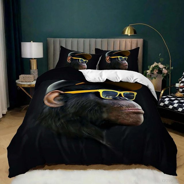 Flylo Bettwäsche-Set mit Orang-Utan Affenmuster im Boho-Stil, Mikrofaser, Schwarz, B/H: 135 x 200 cm - Bild 1