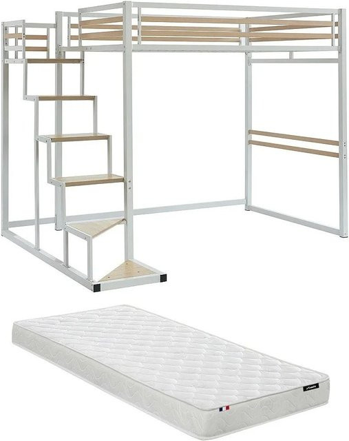 Vente-unique Hochbett Jogui in Weiß im Industriestil aus Metall und MDF, B/T/H: 140 x 200 x 260,5 cm - Bild 1