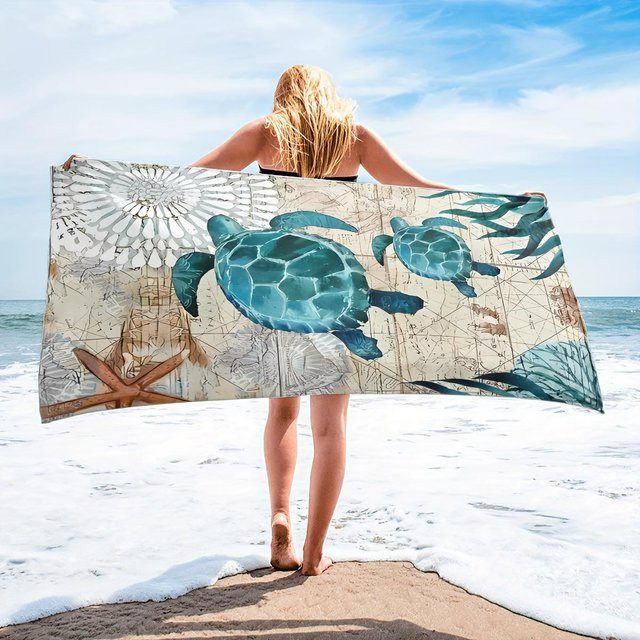 Strandtuch von Binchi Fitness mit Schildkröten- und Seesternmuster, schnelltrocknendes Mikrofaser-Strandtuch in Multicolour, B/H: 75 x 150 cm - Bild 1